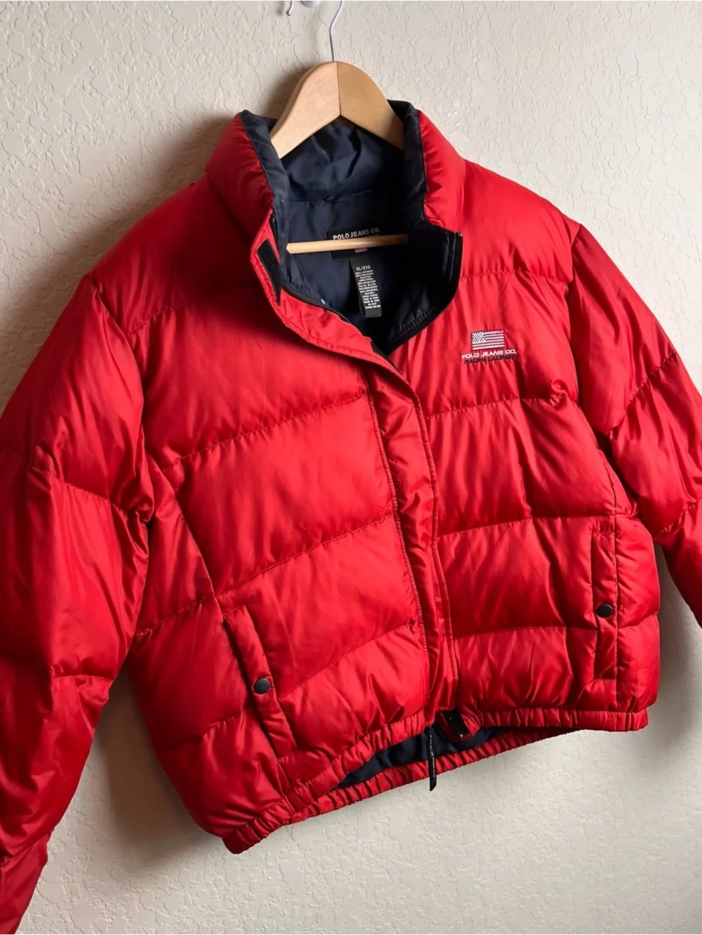 Vintage Polo Jeans Co Ralph Lauren Red Down Puffer Jacket Crop Y2K XL 90s Flag